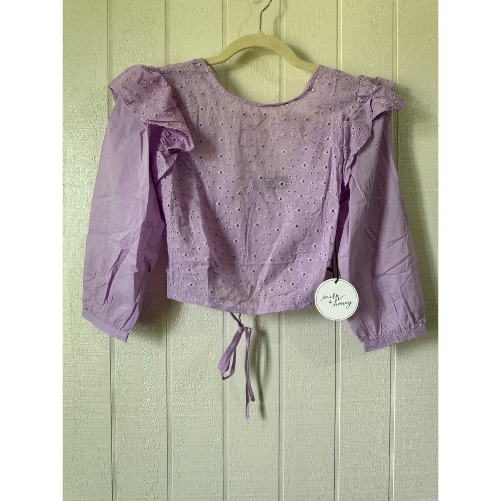 Milk & Honey Lavender Eyelet Ruffle Crop Top Purple Lace Up Back Long Sleeve M